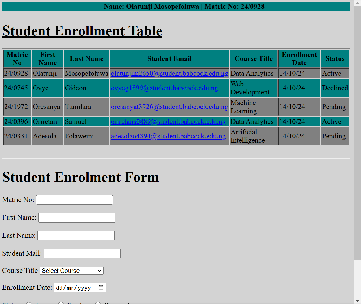 Student enrollment table screenshot
